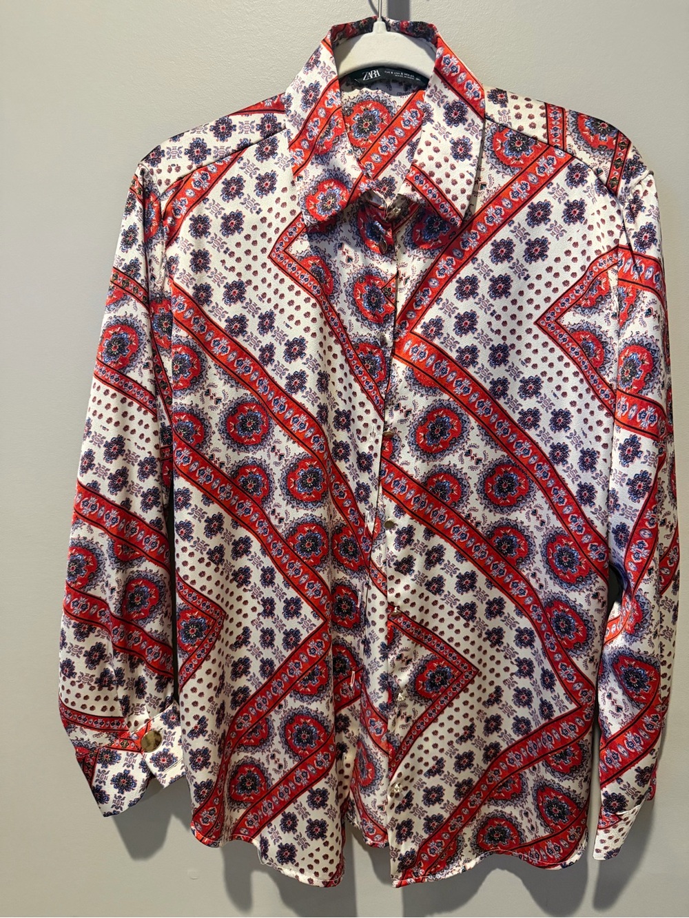Zara Printed Satin Button-Front Blouse | Size Small | Boho Scarf Print
